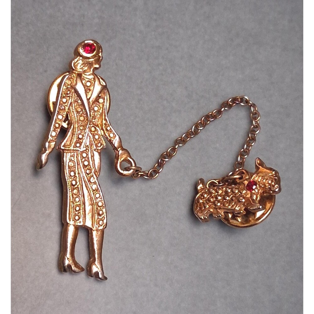 Vintage Lady Walking Dog Pin Two Pieces